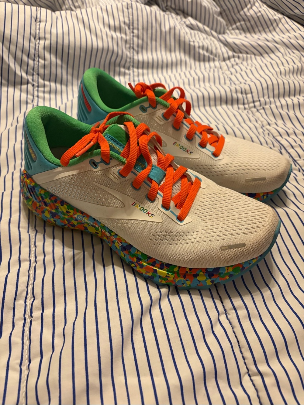 Brooks cereal themed White Athletic Shoes with Orange Laces